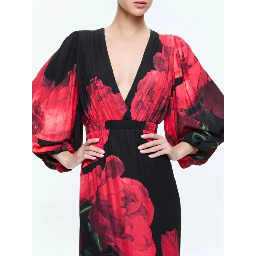 Alice + Olivia Clarissa Maxi Dress 2 in Peony Petals Bright Ruby NWT $695 - Picture 3 of 16